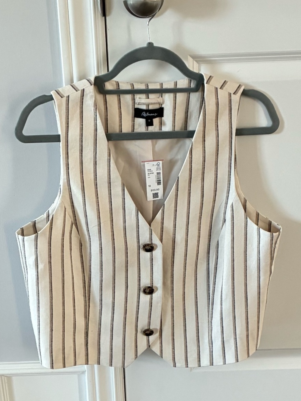 Reitmans Cream and Brown Striped Sleeveless Button Vest